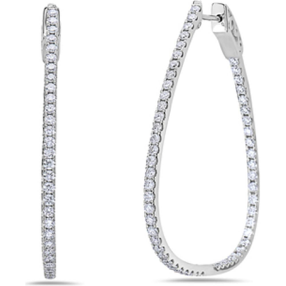 18K White Gold Elongated Drop Hoop Earrings with Round Diamonds by Afarin