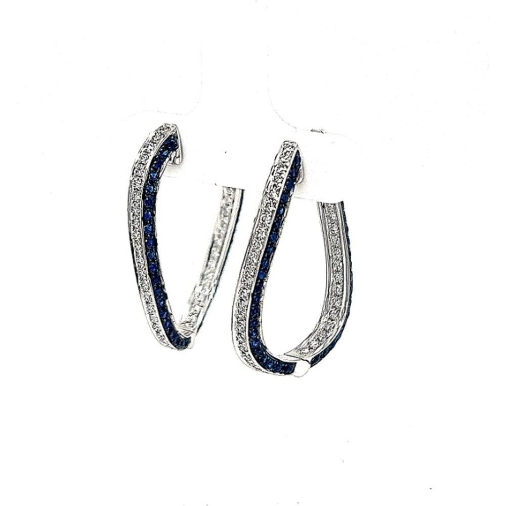 18K White Gold Elongated Hoop Earrings with Blue Sapphires and Diamond Accents by Afarin