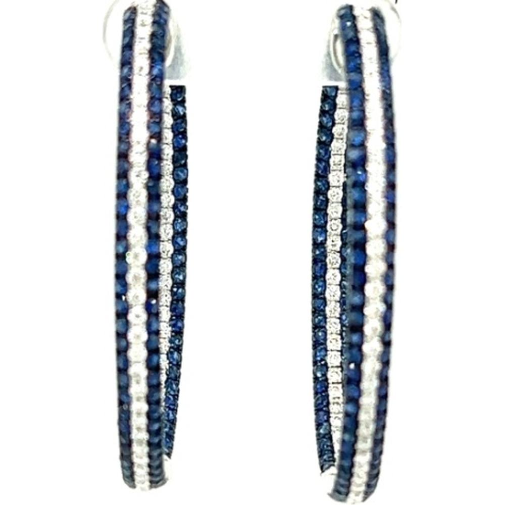 18K White Gold Elongated Hoop Earrings with Blue Sapphires and Diamonds by Afarin