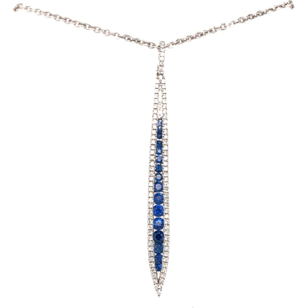18K White Gold Elongated Pendant Necklace with Blue Sapphires and Diamond Accents by Afarin