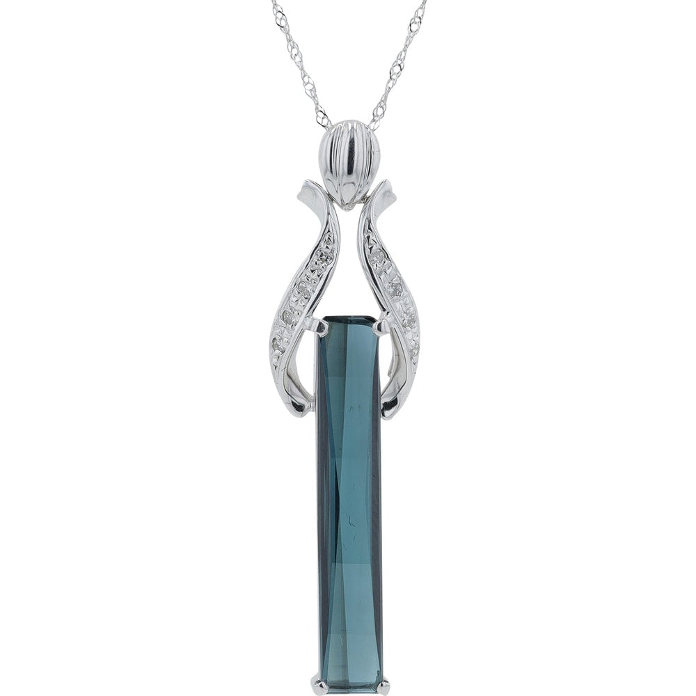 18K White Gold Elongated Teal Tourmaline Bar Pendant with Pavé Set Diamond Accents - 4.94 Carat Total Tourmaline Weight