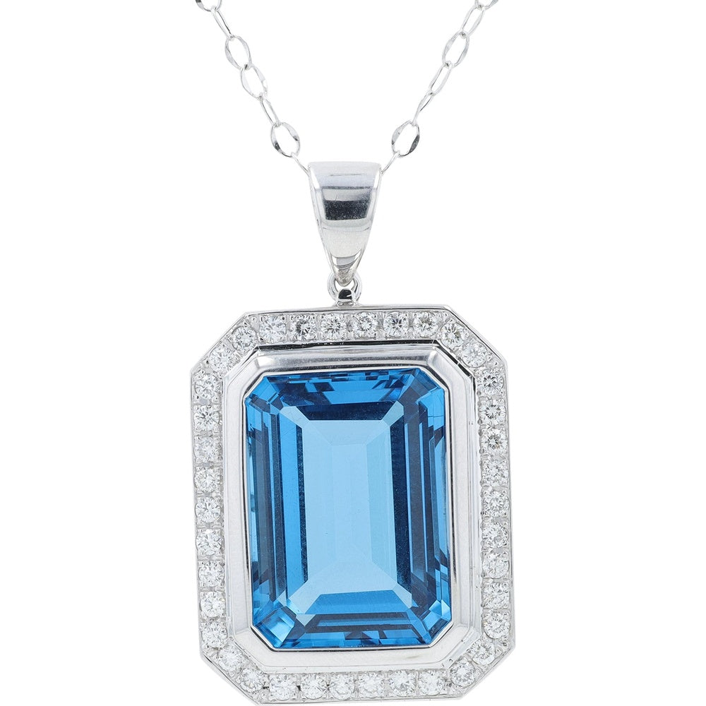18K White Gold Emerald-Cut Blue Topaz Pendant with Diamond Halo Bezel Setting - 38.00 Carat Blue Topaz and 1.66 Carat Total Diamond Weight on 20-Inch Chain