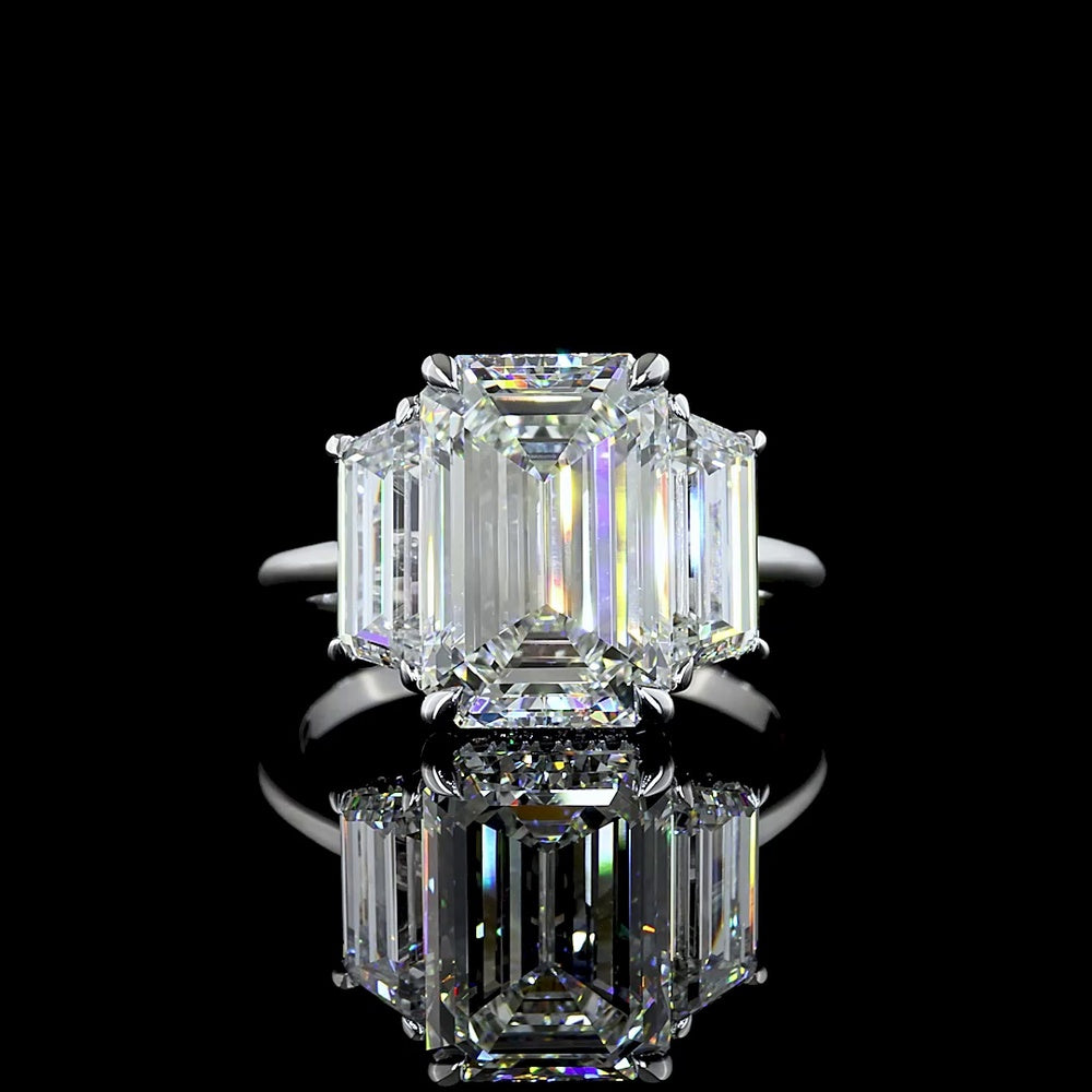 18K White Gold Emerald Cut Hidden Halo Ring with Baguette Sides and Round Halo Diamonds - 5.18 Carats Center Lab Diamond, 6.78 Carats Total Diamond Weight - Covaloro Fine Jewelry