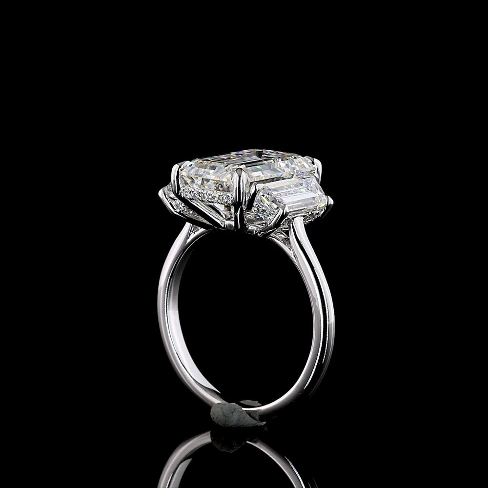 18K White Gold Emerald Cut Hidden Halo Ring with Baguette Sides and Round Halo Diamonds - 5.18 Carats Center Lab Diamond, 6.78 Carats Total Diamond Weight - Covaloro Fine Jewelry