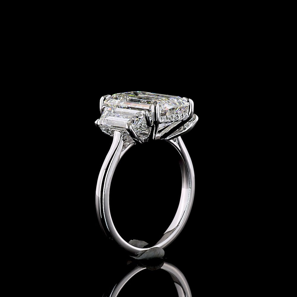 18K White Gold Emerald Cut Hidden Halo Ring with Baguette Sides and Round Halo Diamonds - 5.18 Carats Center Lab Diamond, 6.78 Carats Total Diamond Weight - Covaloro Fine Jewelry