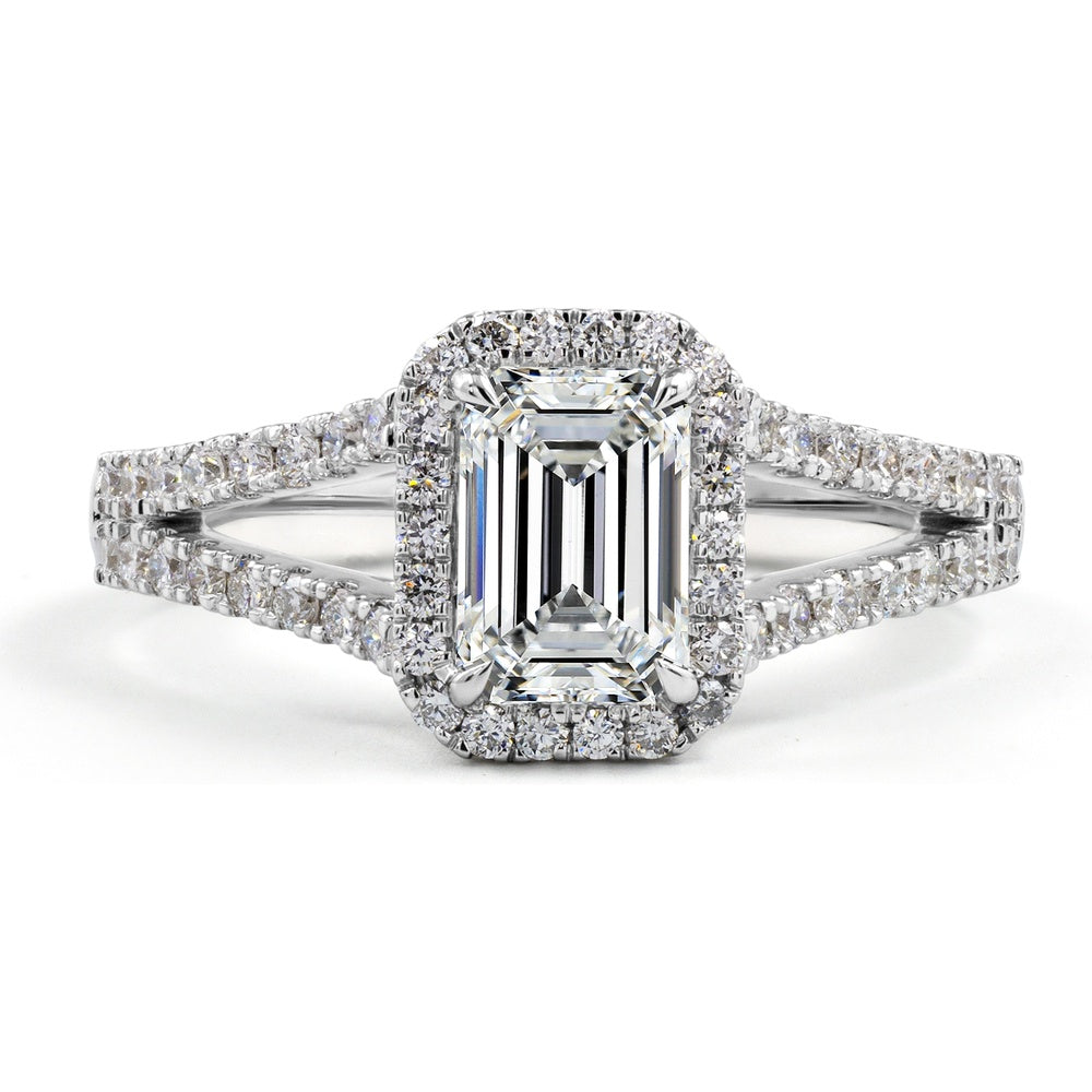 18K White Gold Emerald Cut Split Shank Halo Ring with 9.55 Carat Lab Diamond Center and 1.98 Carats of Brilliant Round Diamonds - 11.53 Carat Total Diamond Weight - Covaloro Fine Jewelry