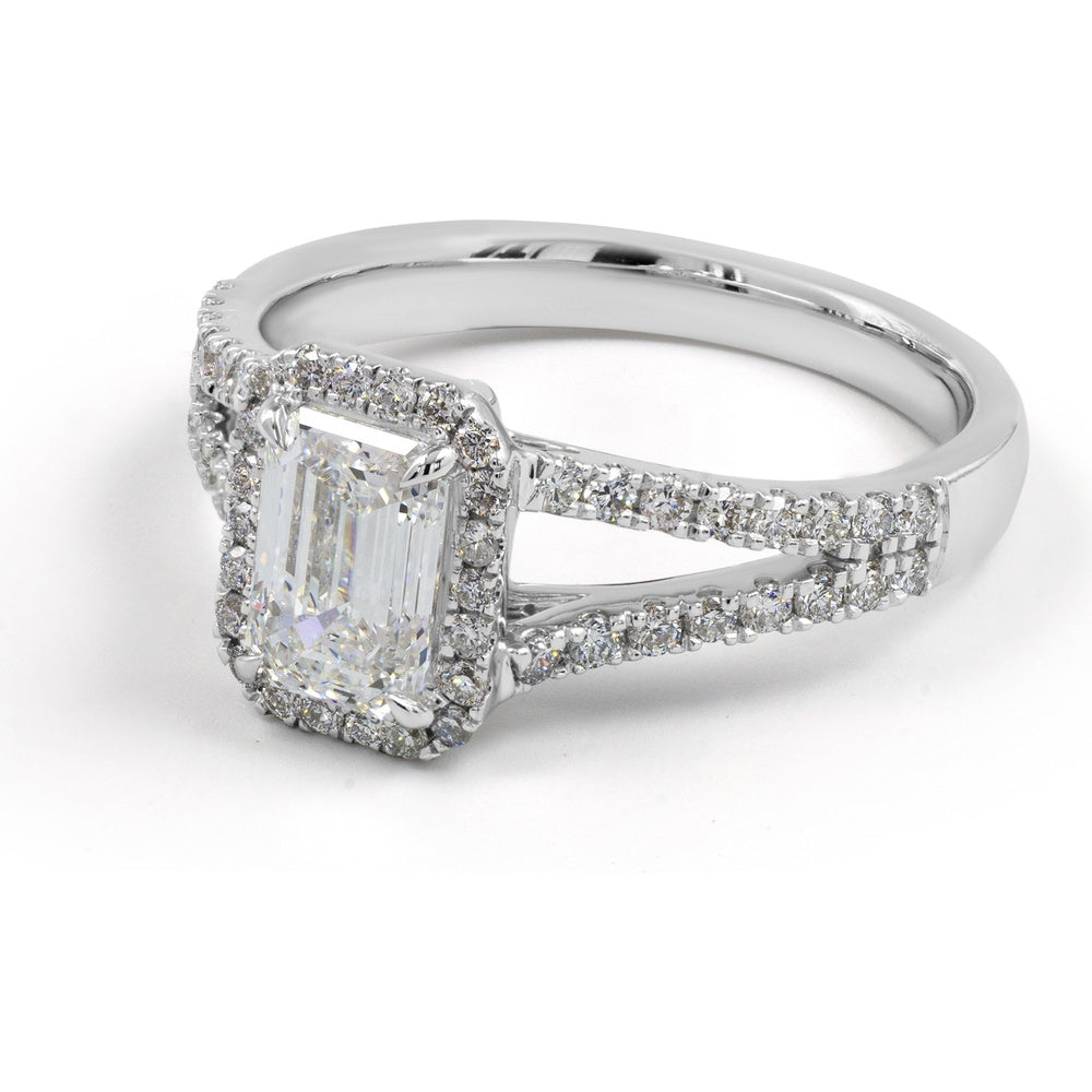 18K White Gold Emerald Cut Split Shank Halo Ring with 9.55 Carat Lab Diamond Center and 1.98 Carats of Brilliant Round Diamonds - 11.53 Carat Total Diamond Weight - Covaloro Fine Jewelry