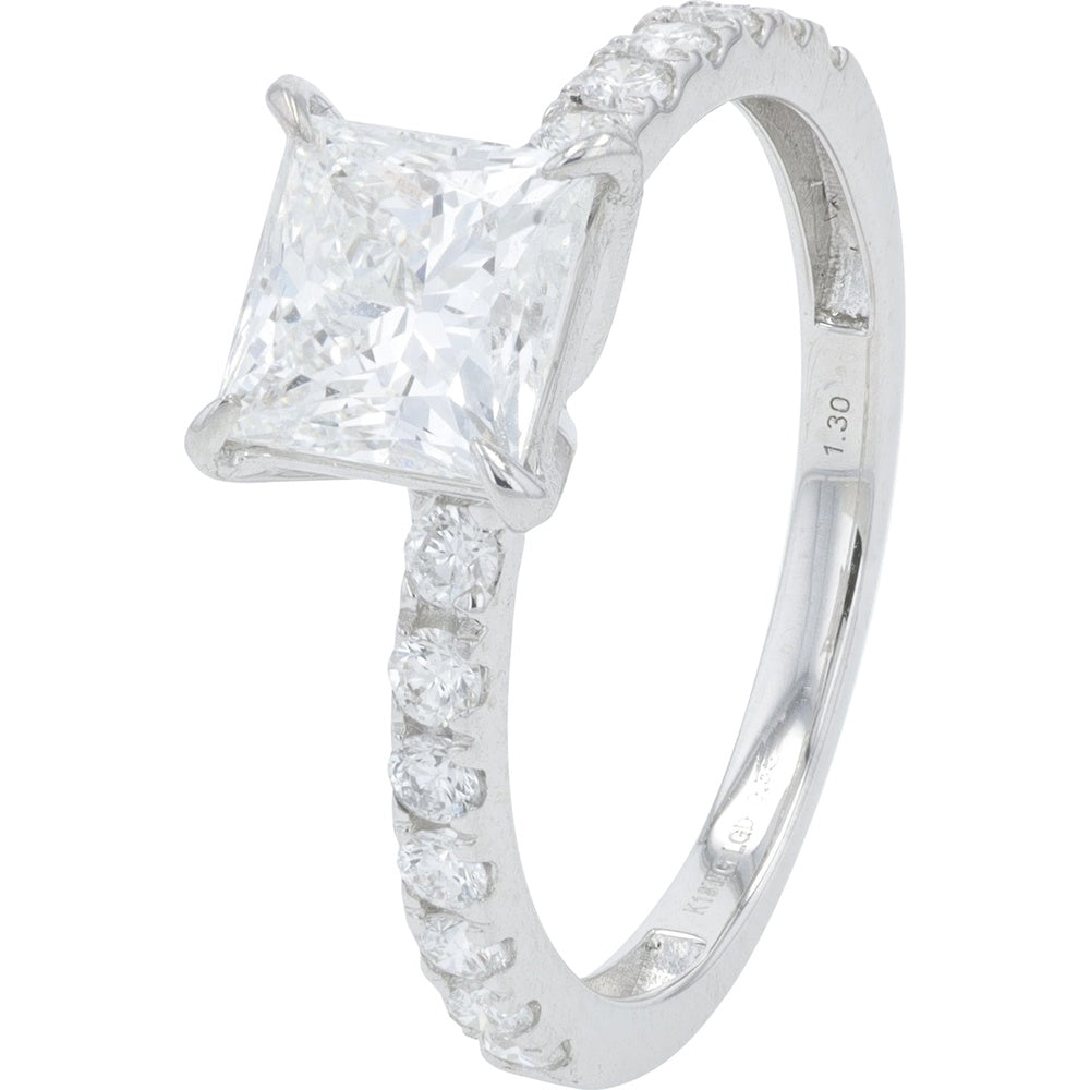 18K White Gold Engagement Ring with 1.30 Carat Princess Cut Lab Grown Diamond and Accent Stones - 1.65 Carat Total Diamond Weight