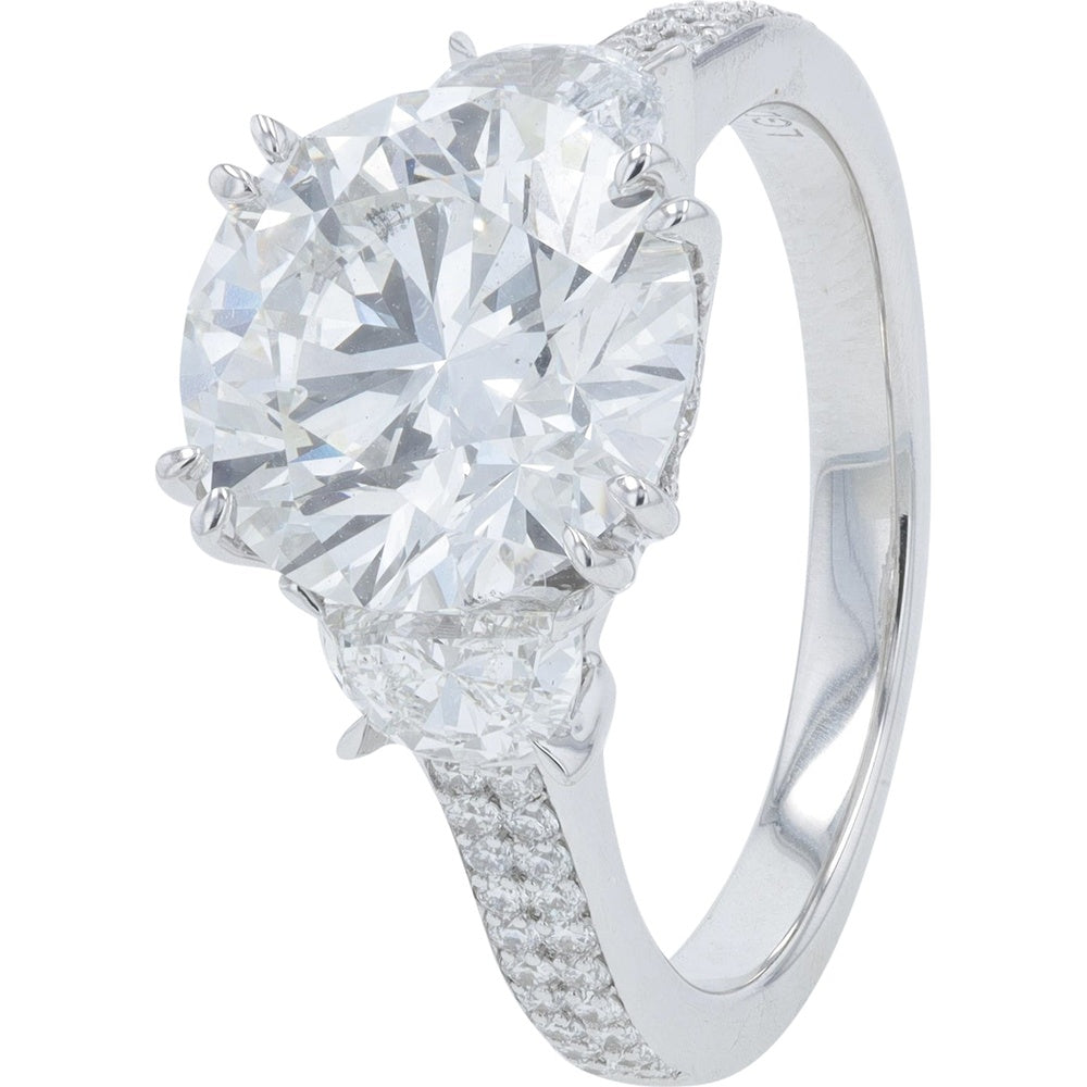 18K White Gold Engagement Ring with 4.00 Carat Round Lab Grown Diamond and Half-Moon Side Stones - 4.75 Carat Total Diamond Weight
