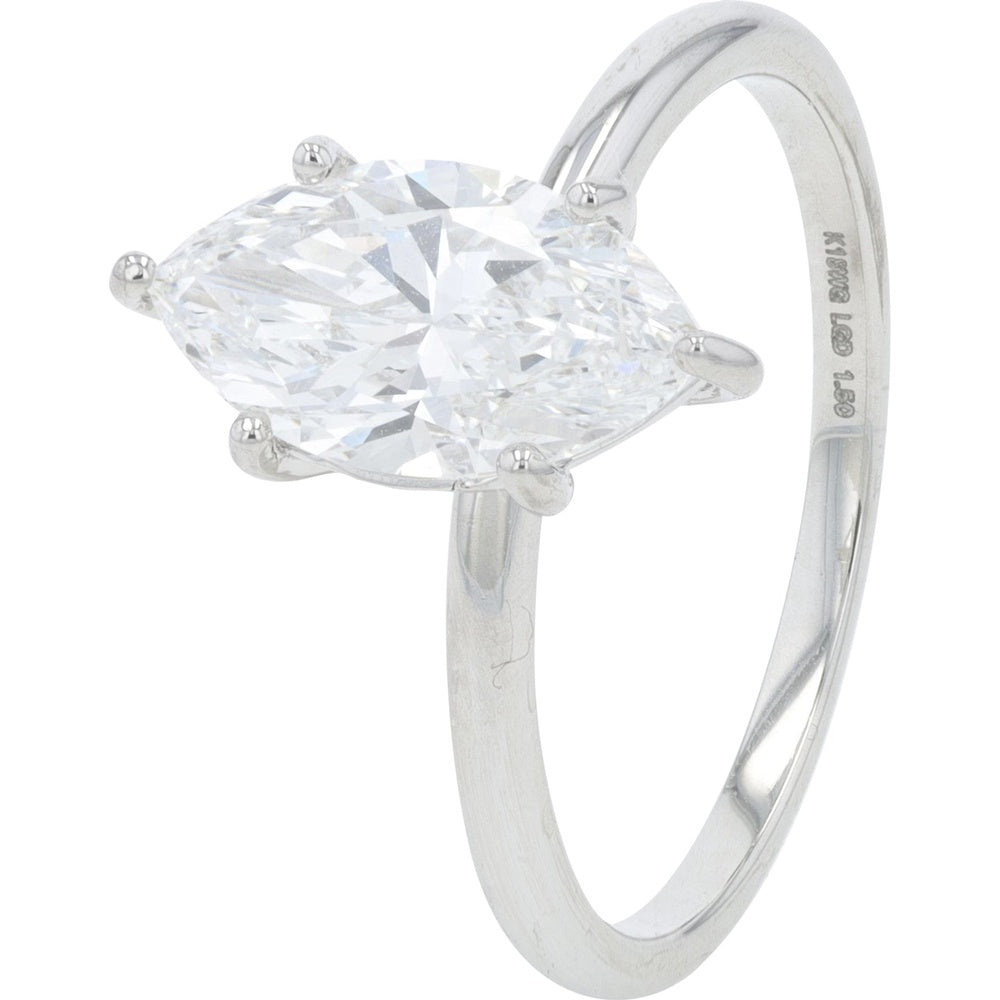 18K White Gold Engagement Ring with Six-Prong Set Marquise Cut Lab Grown Diamond - 1.50 Carat Total Diamond Weight