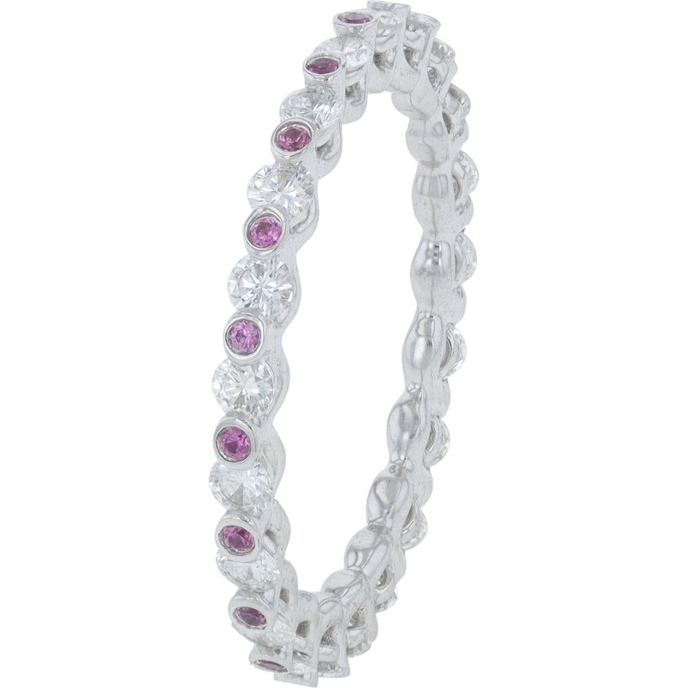 18K White Gold Eternity Band with Bezel Set Round Pink Sapphires and Diamonds - 0.84 Carats Total Gemstone Weight