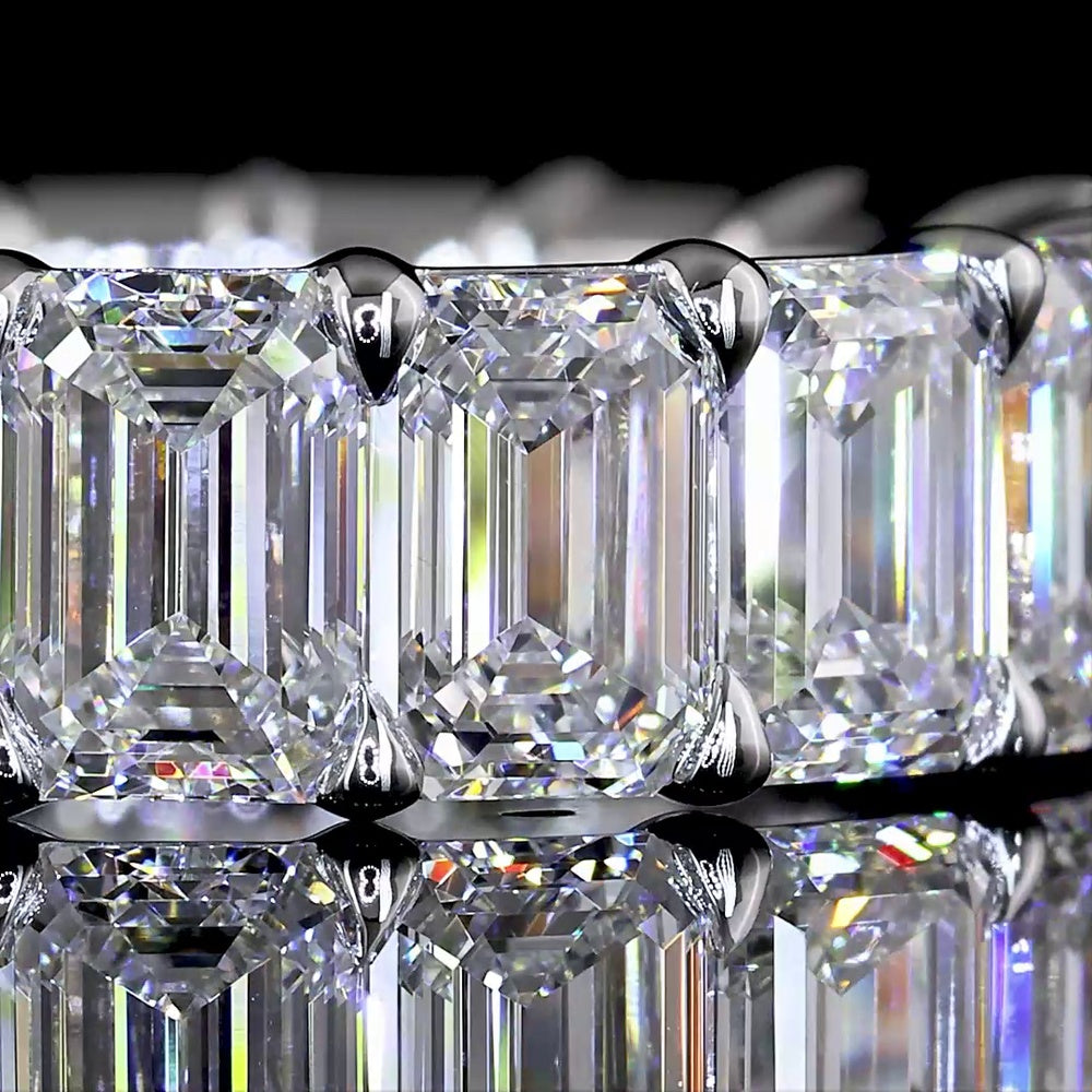 18K White Gold Eternity Band with Prong Set Emerald Cut Lab Diamonds - 8.02 Carat Total Weight, 17 Stones, E-F Color VS1 Clarity - Covaloro Fine Jewelry