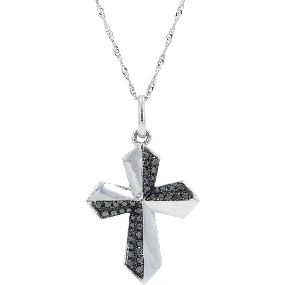 18K White Gold Faceted Geometric Cross Pendant with Pavé-Set Black and Colorless Diamonds - 0.41 Carat Total Diamond Weight