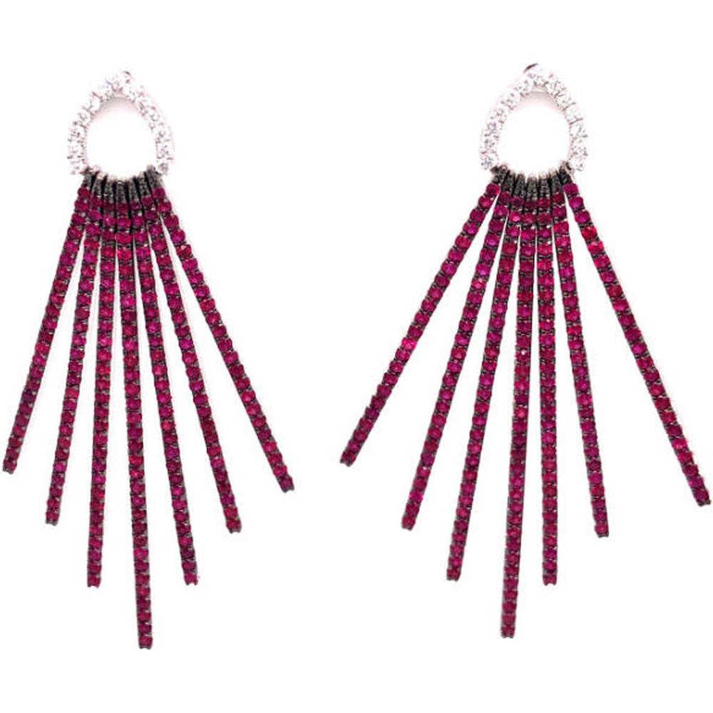 18K White Gold Fan Drop Earrings with Round Rubies and Diamond Open Teardrop Tops by Afarin