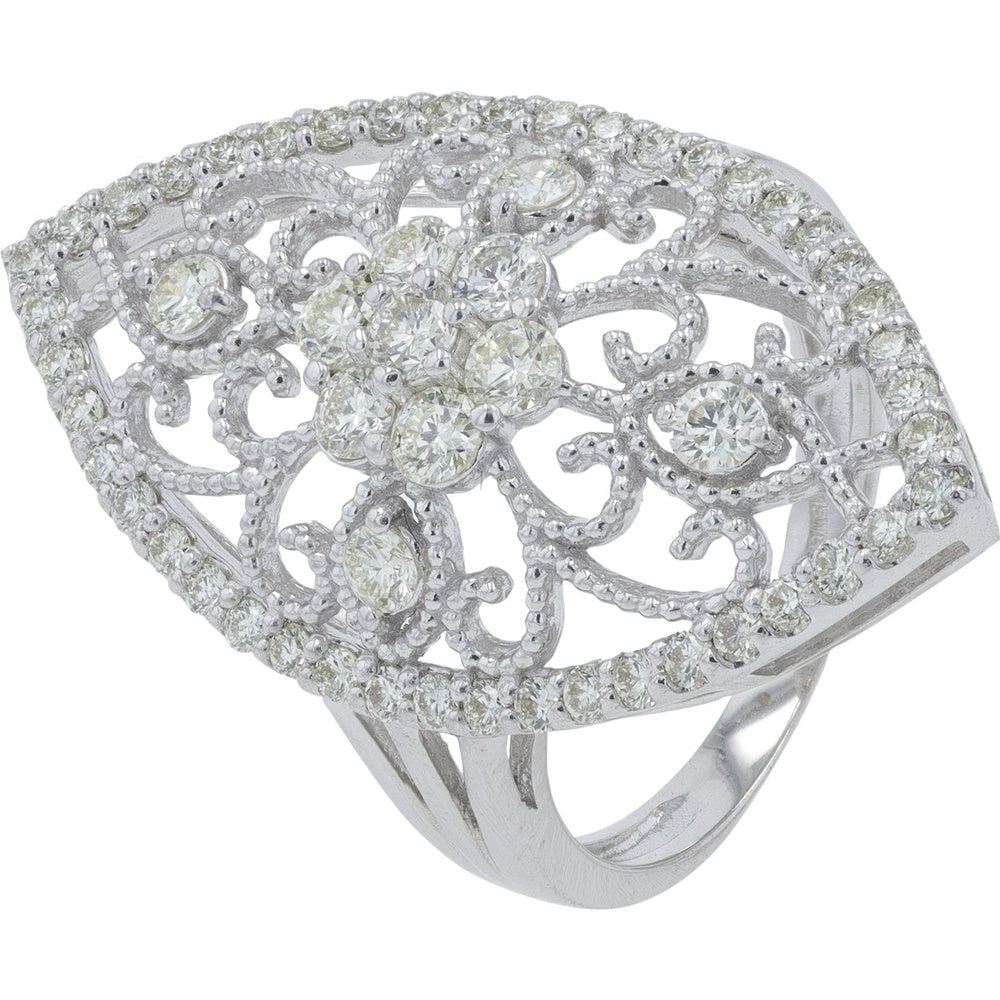 18K White Gold Filigree Cluster Ring with Round Diamonds - 1.01 Carat Total Diamond Weight