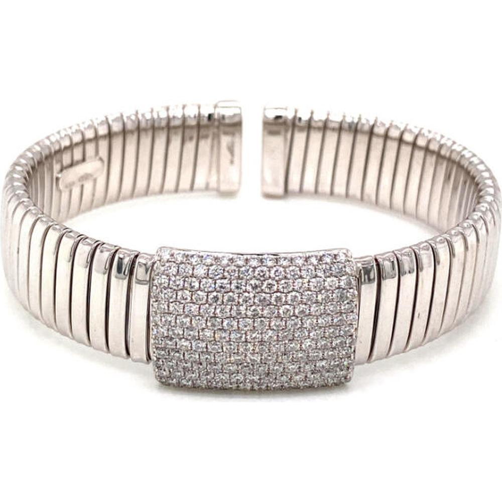 18K White Gold Flexible Diamond Bangle Bracelet with Pavé Round Diamonds by Afarin