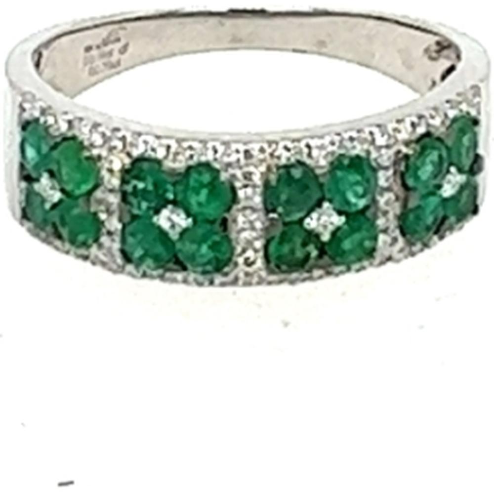 18K White Gold Floral Band Ring with Emeralds and Diamond Accents by Afarin