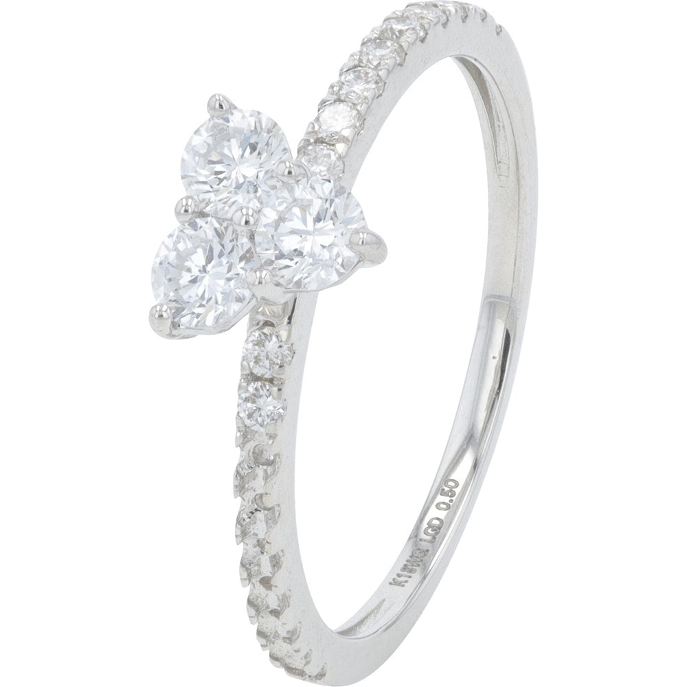 18K White Gold Floral Cluster Engagement Ring with Lab Grown Diamonds and Pavé Band - 0.50 Carat Total Diamond Weight
