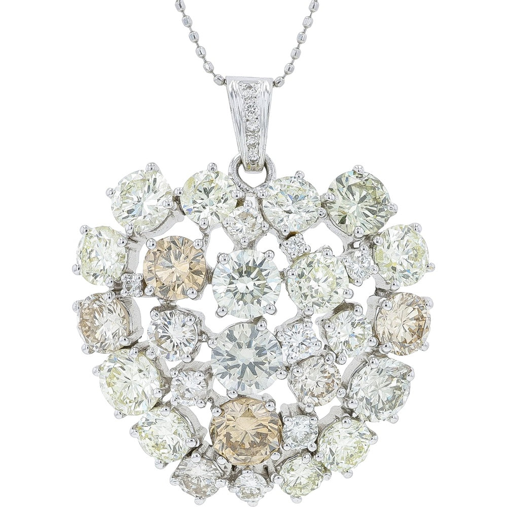 18K White Gold Floral Cluster Pendant with Mixed-Color Round Diamonds - 12.45 Carat Total Diamond Weight