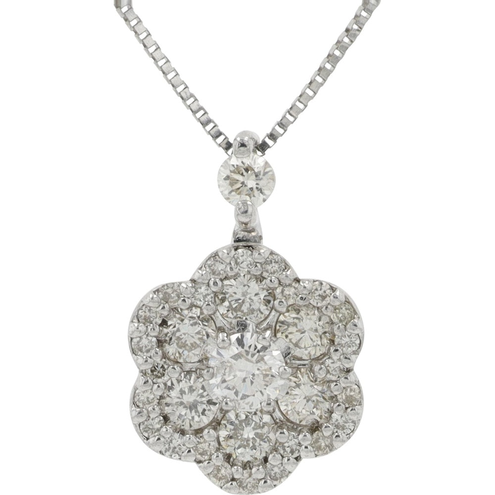 18K White Gold Floral Cluster Pendant with Round Brilliant Diamonds - 0.65 Carat Total Diamond Weight
