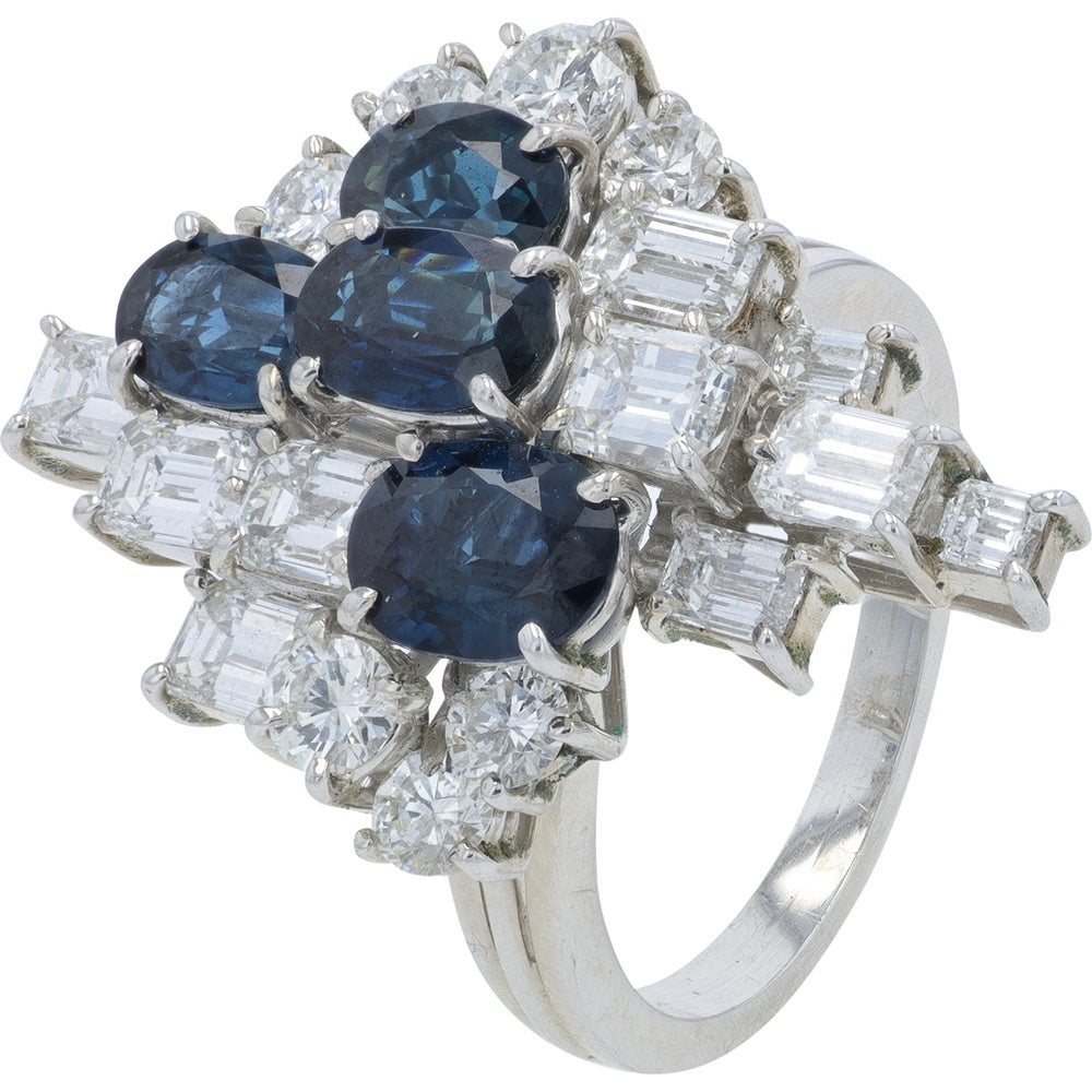 18K White Gold Floral Cluster Ring with Oval Sapphires and Mixed-Cut Diamonds - 2.00 Carat Sapphire and 3.00 Carat Diamond Total Weight