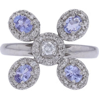 18K White Gold Floral Cluster Ring with Oval Tanzanites and Round Diamond Halo - 0.60 Carat Total Tanzanite Weight and 0.35 Carat Total Diamond Weight