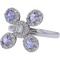 18K White Gold Floral Cluster Ring with Oval Tanzanites and Round Diamond Halo - 0.60 Carat Total Tanzanite Weight and 0.35 Carat Total Diamond Weight