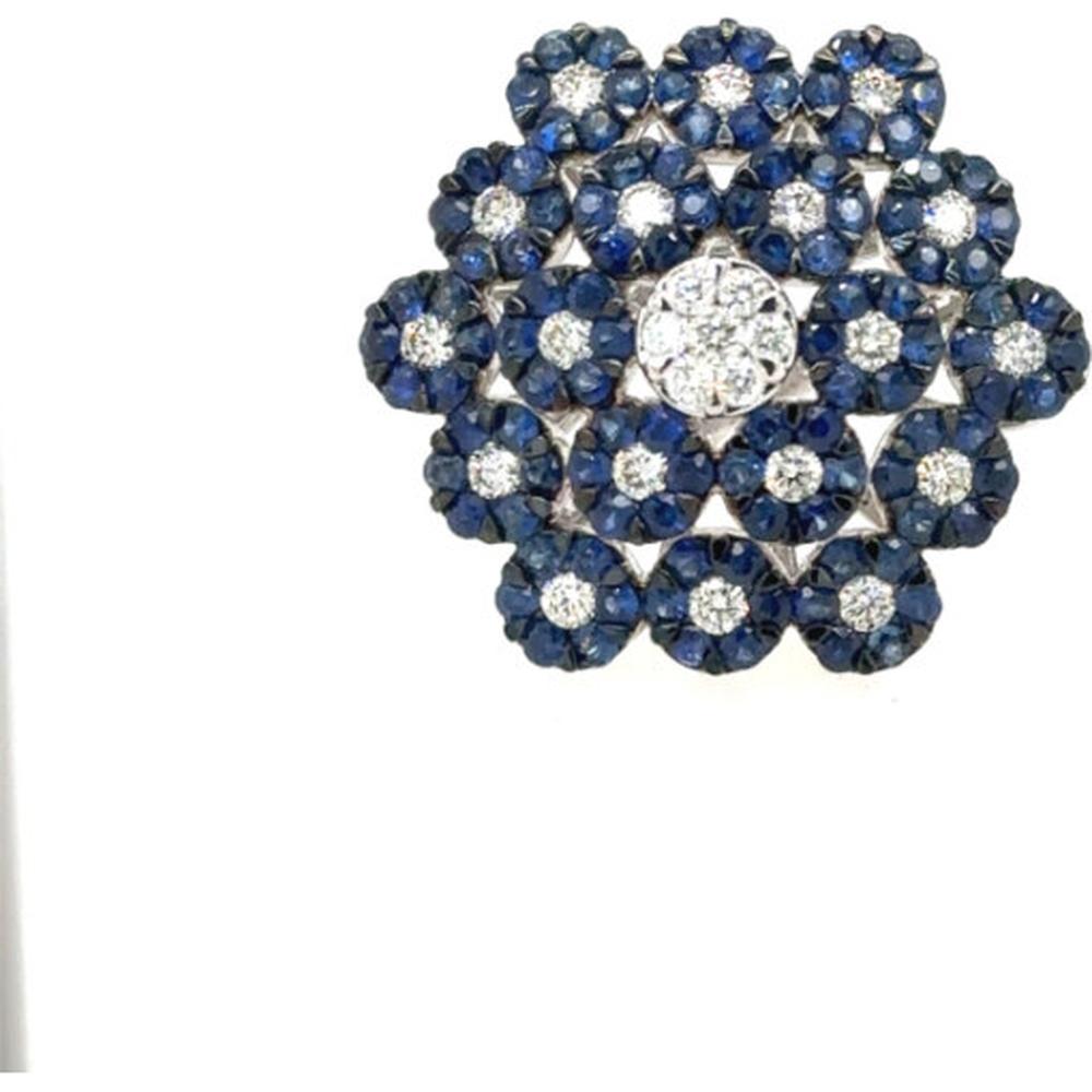 18K White Gold Floral Cluster Ring with Round Blue Sapphires and Diamonds by Afarin