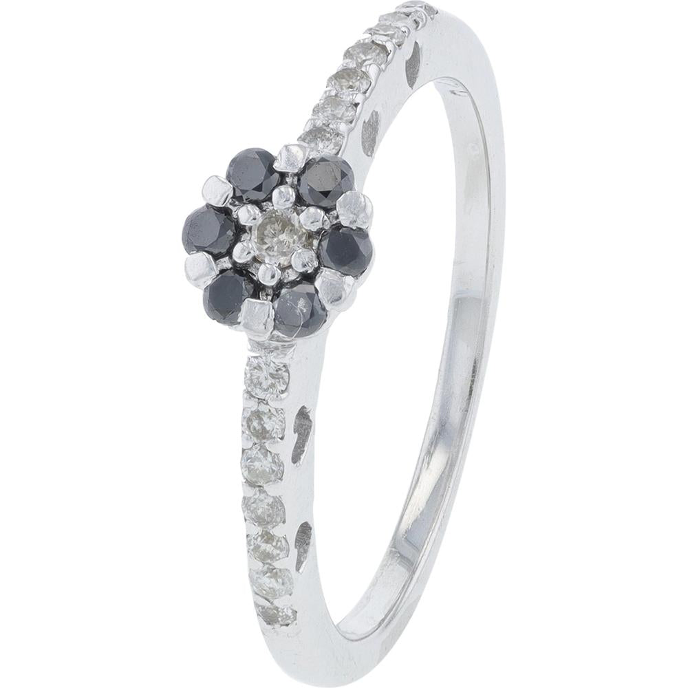 18K White Gold Floral Diamond Ring with Black and White Diamonds - 0.23 Carat Total Diamond Weight