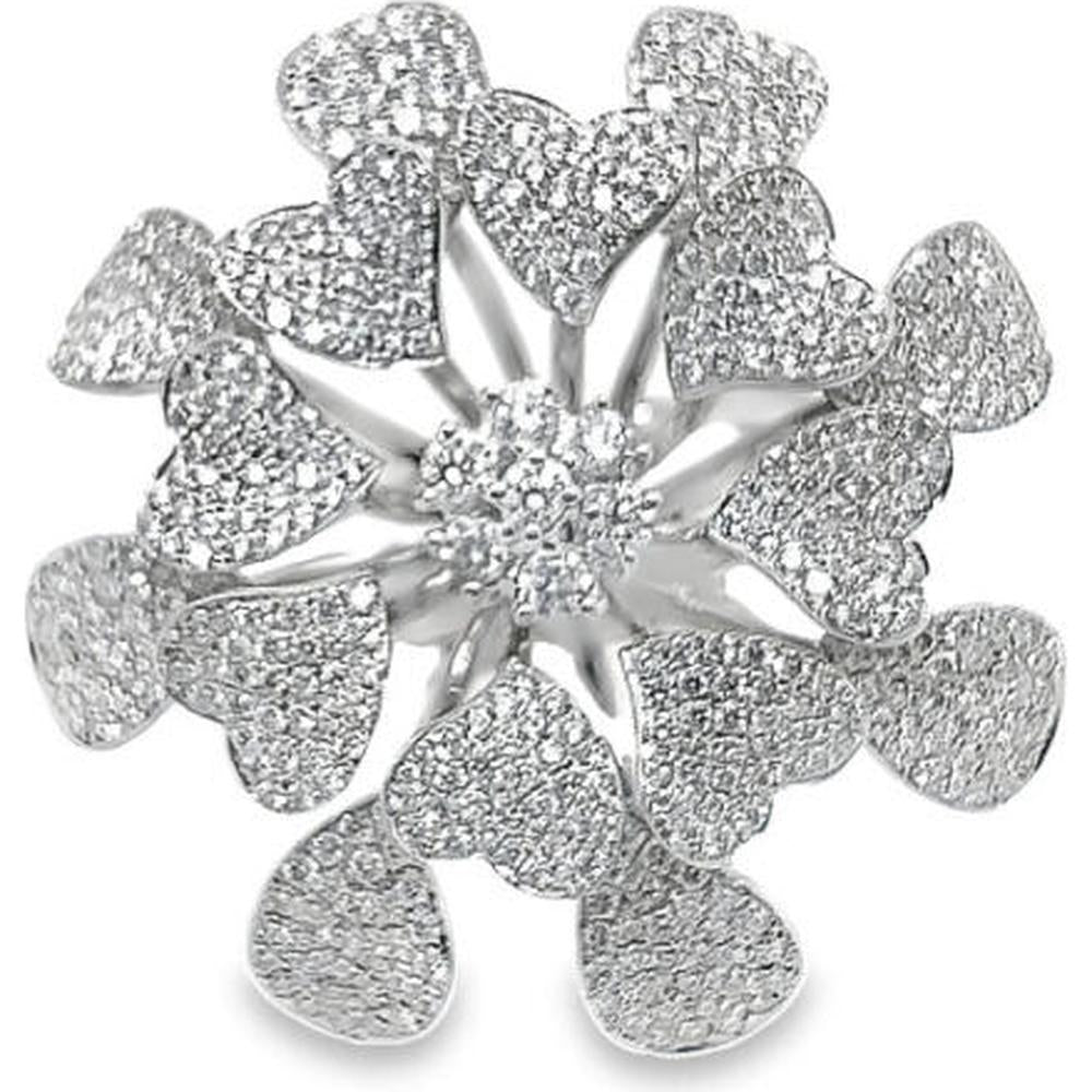18K White Gold Floral Diamond Ring with Heart Motif Pavé Design by Afarin