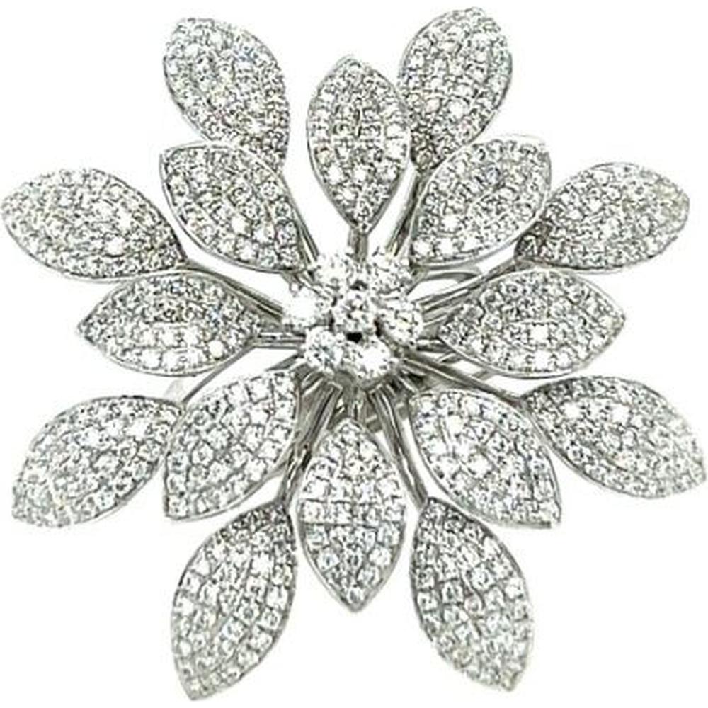 18K White Gold Floral Diamond Ring with Pavé Marquise Petals and Round Diamond Cluster Center by Afarin