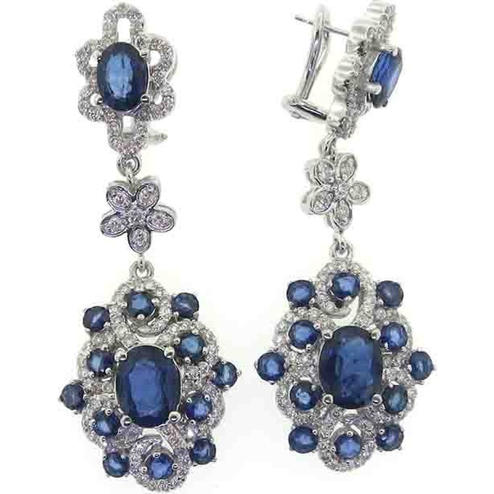 18K White Gold Floral Drop Earrings with Oval and Round Sapphires and Pave Diamonds - 8.66 Carat Total Sapphire Weight and 2.35 Carat Total Diamond Weight by Auriventus