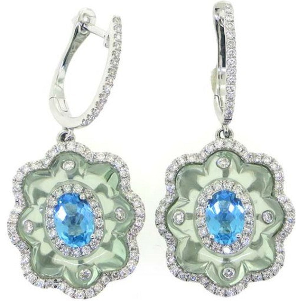 18K White Gold Floral Drop Earrings with Oval Blue Topaz and Green Chalcedony - 1.27 Carat Total Diamond Weight by Auriventus