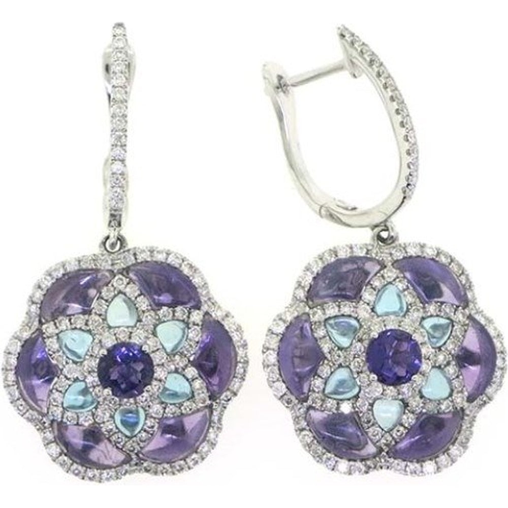 18K White Gold Floral Drop Earrings with Round Amethyst, Fancy Cut Amethysts, Blue Chalcedony, and Pavé Diamonds - 1.45 Carat Total Diamond Weight by Auriventus