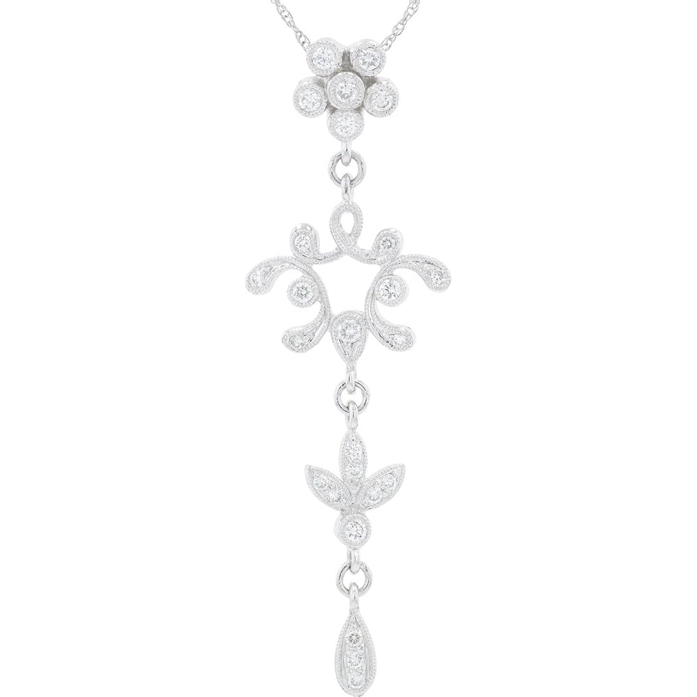 18K White Gold Floral Filigree Drop Pendant with Bezel and Milgrain Set Round Diamonds - 0.50 Carat Total Diamond Weight