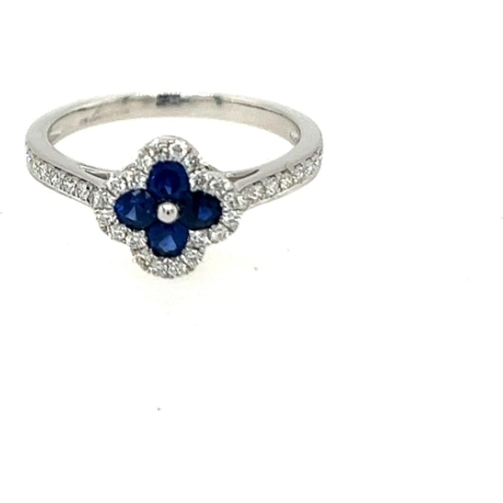 18K White Gold Floral Halo Ring with Blue Sapphires and Diamond Accents by Afarin