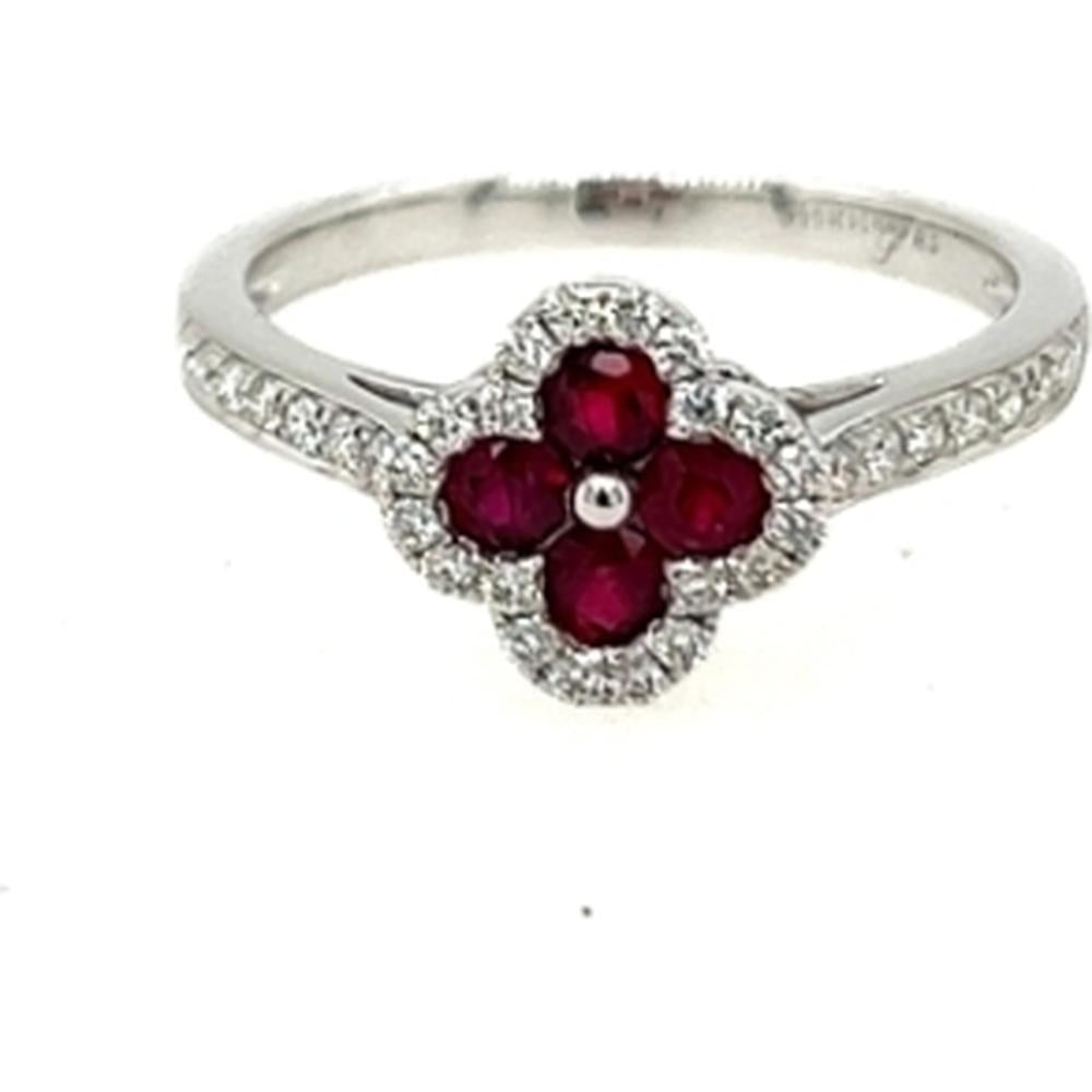 18K White Gold Floral Halo Ring with Round Rubies and Diamond Accents by Afarin