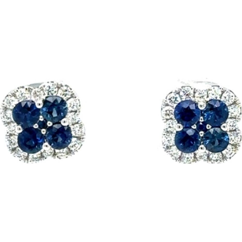 18K White Gold Floral Halo Stud Earrings with Blue Sapphires and Round Diamonds by Afarin