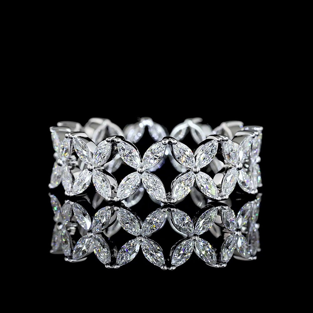 18K White Gold Floral Motif Eternity Band with Inclined Marquise Cut Lab Diamonds - 1.34 Carats Total Diamond Weight - Covaloro Fine Jewelry
