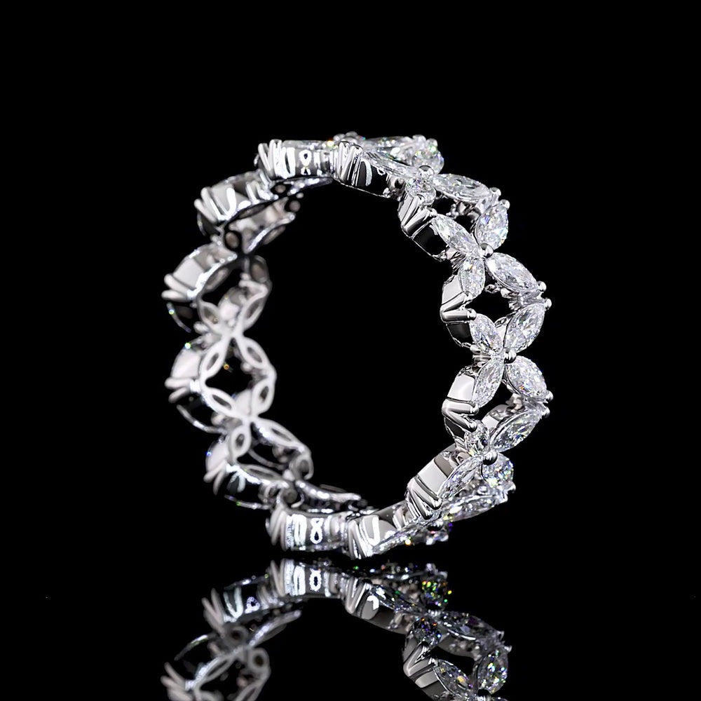 18K White Gold Floral Motif Eternity Band with Inclined Marquise Cut Lab Diamonds - 1.34 Carats Total Diamond Weight - Covaloro Fine Jewelry