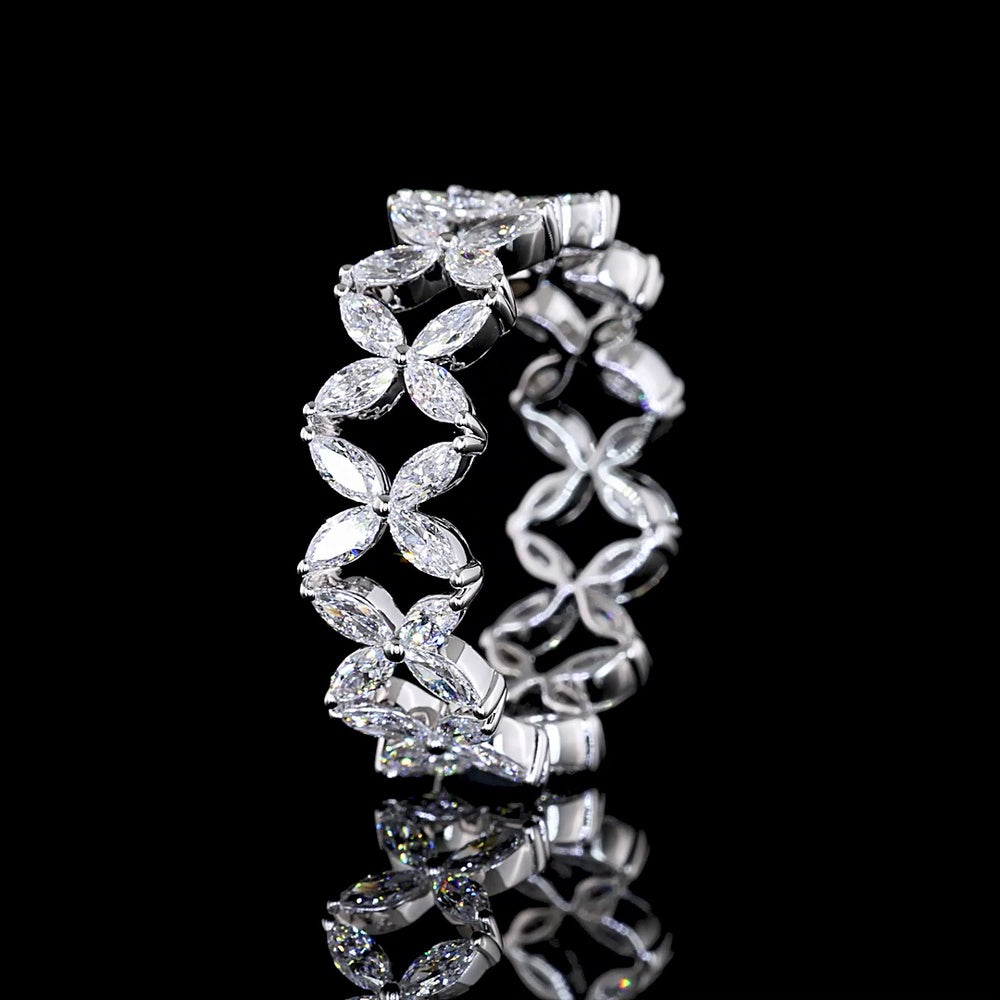 18K White Gold Floral Motif Eternity Band with Inclined Marquise Cut Lab Diamonds - 1.34 Carats Total Diamond Weight - Covaloro Fine Jewelry