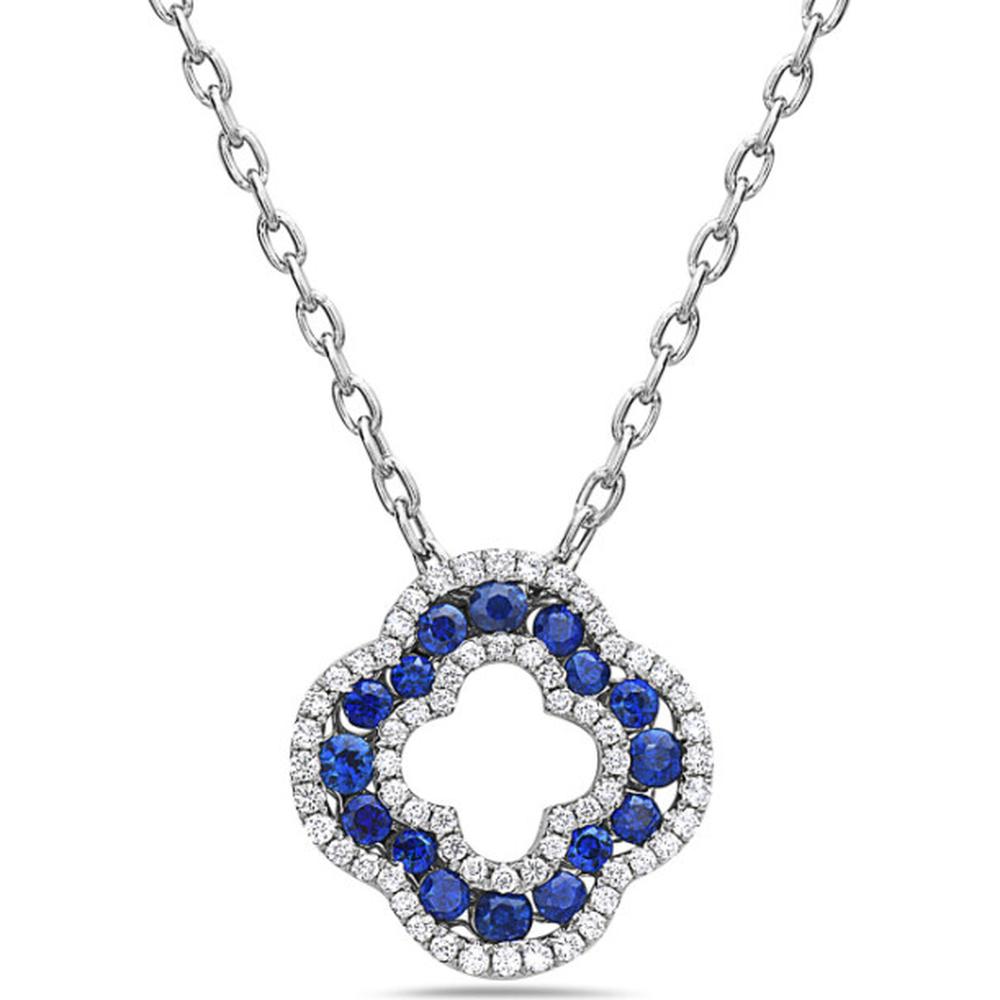 18K White Gold Floral Motif Pendant with Blue Sapphires and Diamond Halo by Afarin