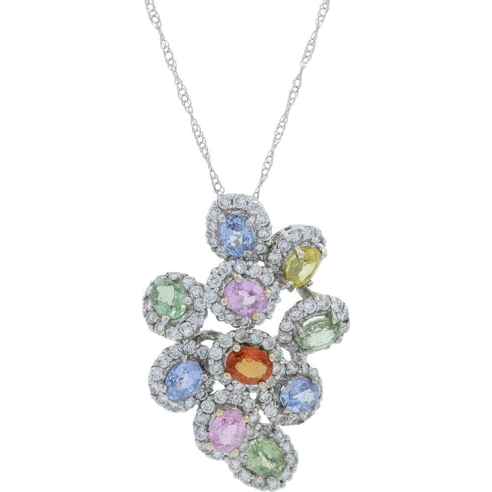 18K White Gold Floral Multicolor Sapphire Pendant with Diamond Halo Settings - 2.74 Carat Total Sapphire Weight and 1.12 Carat Total Diamond Weight