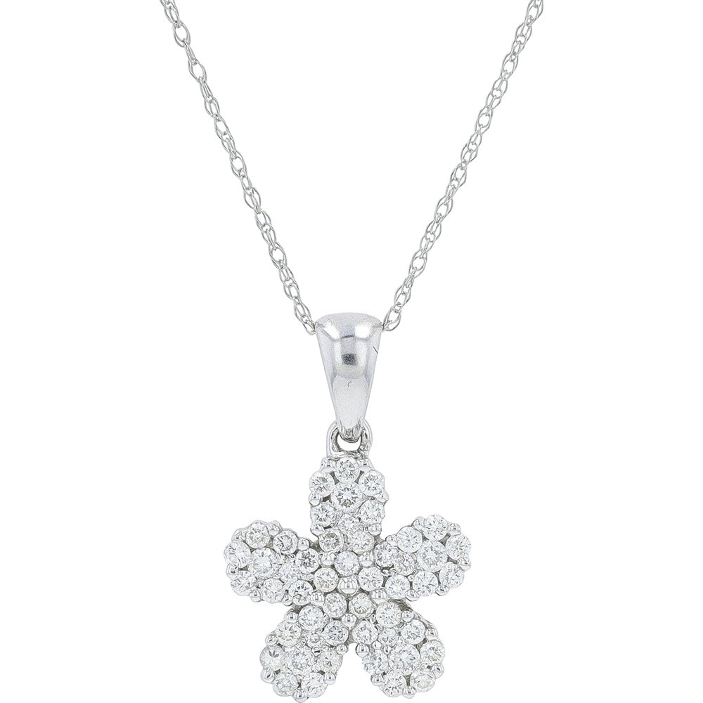 18K White Gold Floral Pendant Necklace with Pavé-Set Round Diamonds - 0.50 Carat Total Diamond Weight