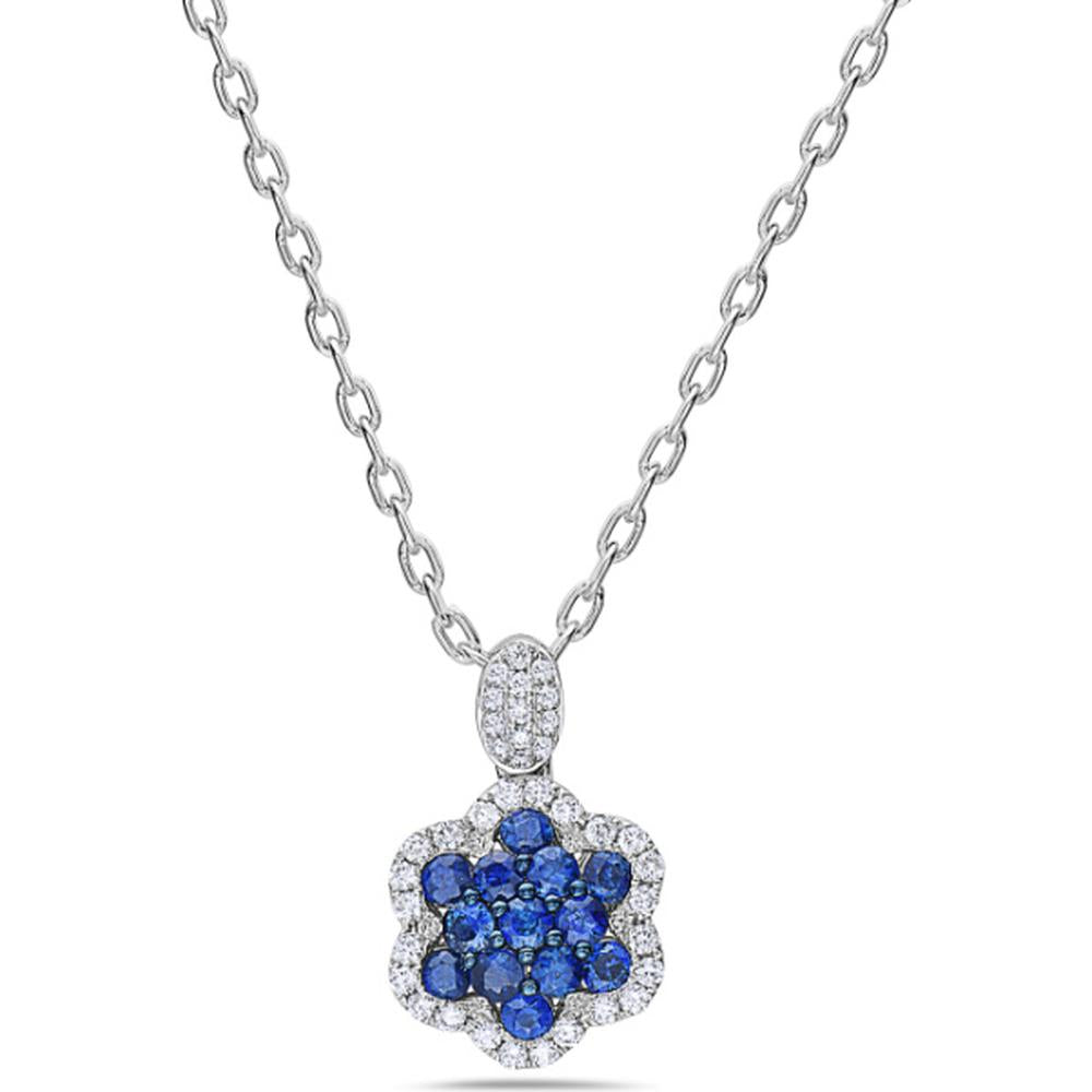 18K White Gold Floral Pendant Necklace with Round Blue Sapphires and Diamond Halo by Afarin