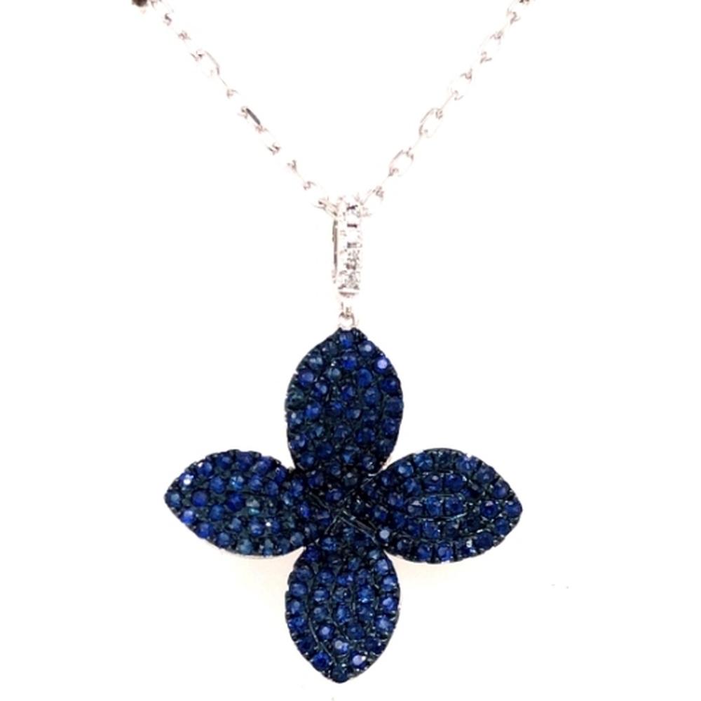 18K White Gold Floral Pendant with Blue Sapphires and Diamond Accent by Afarin
