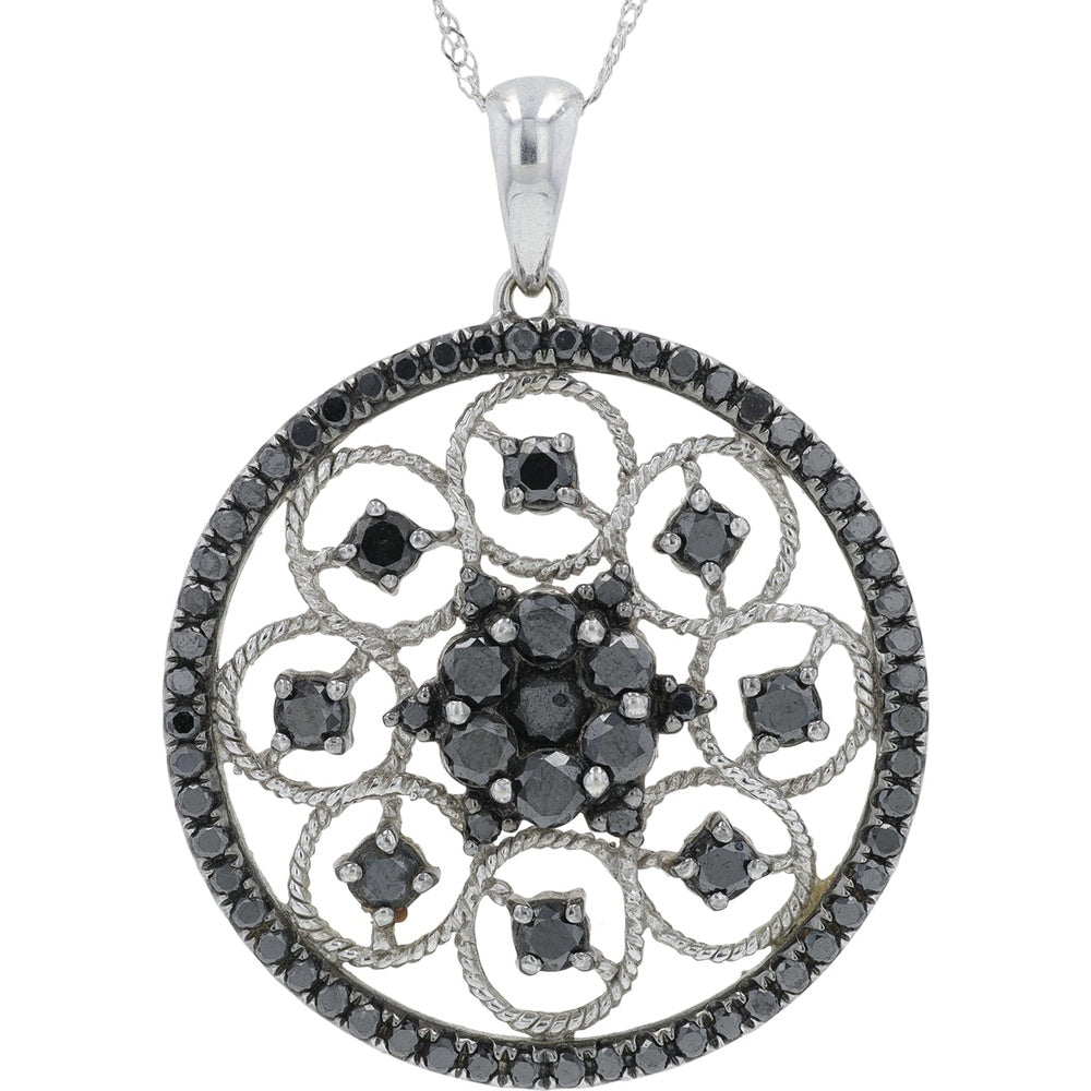 18K White Gold Floral Pendant with Round Black Diamond Cluster and Milgrain Detail - 1.50 Carat Total Diamond Weight