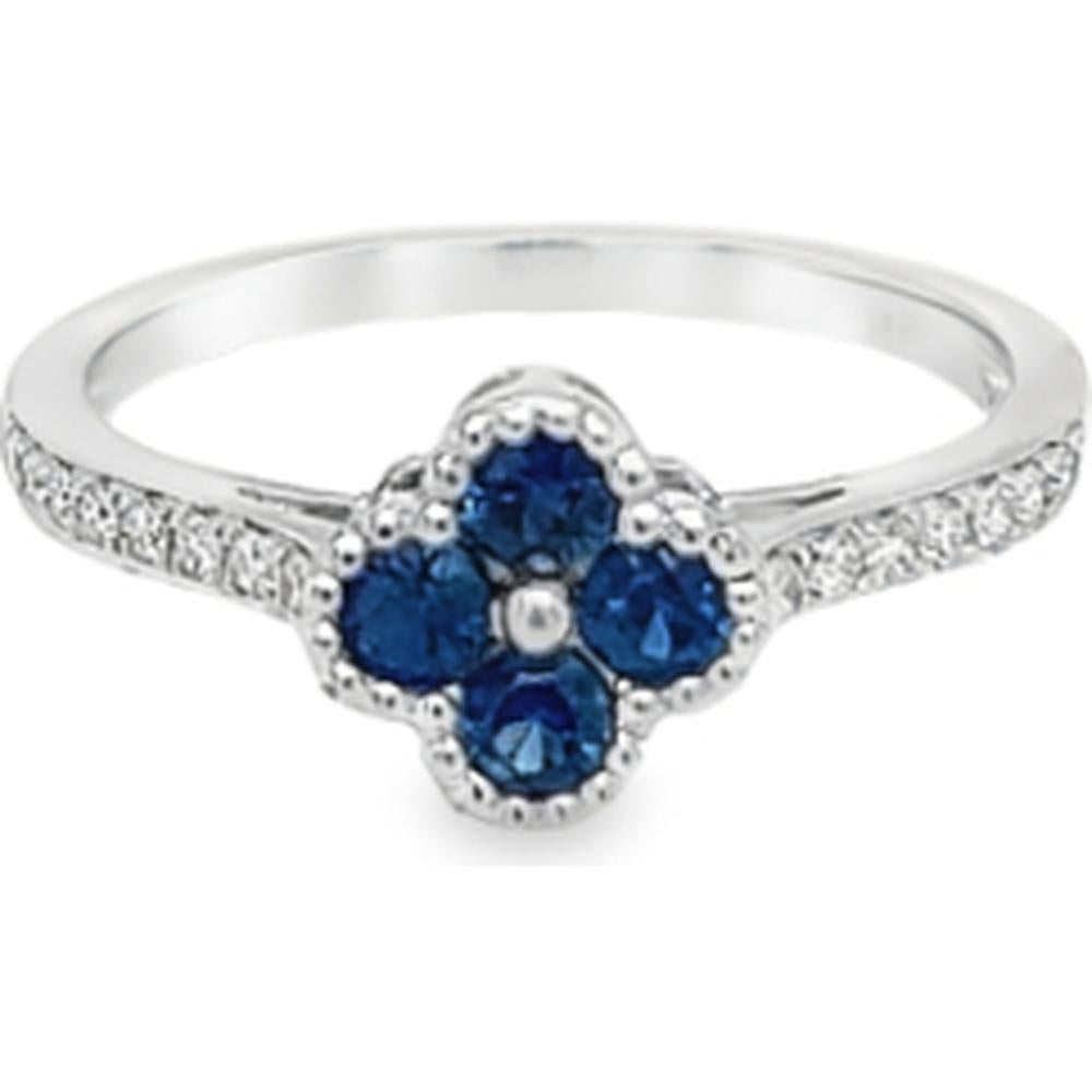 18K White Gold Floral Ring with Round Blue Sapphires and Diamond Accents by Afarin