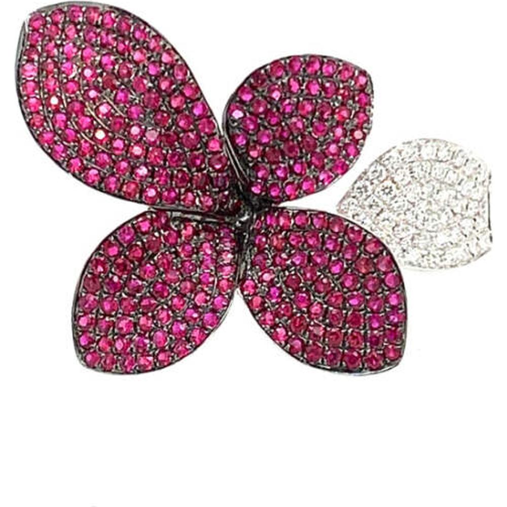 18K White Gold Floral Ring with Round Rubies and Diamond Accent by Afarin