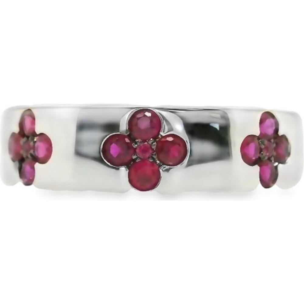 18K White Gold Floral Ruby Ring with Three Flower Motifs by Afarin